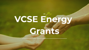 Hands handing another person a plant with "VCSE Energy Grants" written over