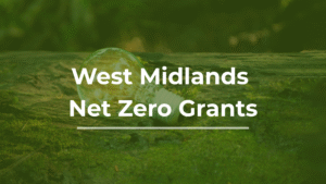 A picture of a lightbulb with white text layered over reading "West Midlands Net Zero Grants"