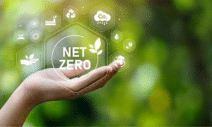 Green Business Loan Scheme Wales - Hand holding digital Net Zero icon with sustainability and carbon reduction symbols on a green blurred background.
