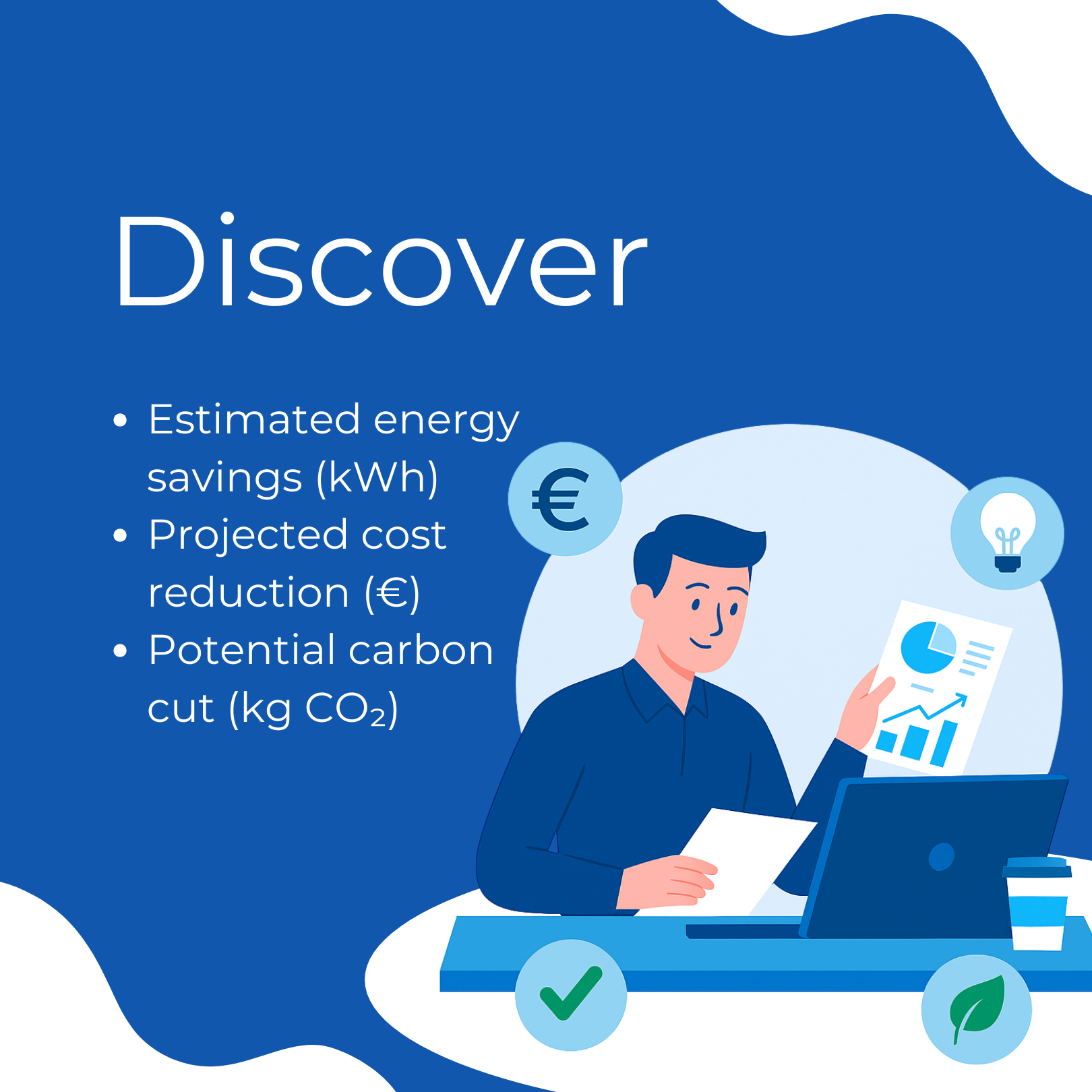 Business professional using a digital energy savings calculator at a desk, with icons for cost, energy, and carbon reduction.
